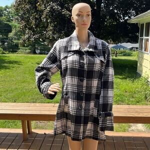 Dots Plaid Pea Coat Jacket Black White Large